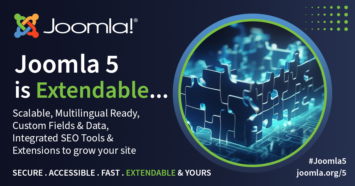 Joomla 5 has arrived, and it's a game-changer! Joomla 5 is extendable. Thanks to Joomla’s range of extensions and templates, your website can evolve to meet your growing needs. See what Joomla 5 has to offer: joomla.org/5 #Joomla #Joomla5 #Extendable #Multilingual