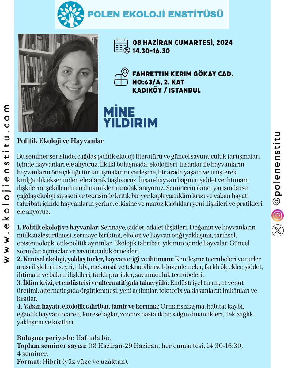 📌Her üç seminer de hibrit formatta olacak. Aykut Çoban, semineri uzaktan çevrimiçi katılımla verecek. Aslı Odman ve Mine Yıldırım'ın seminerleri ise İstanbul'daki Enstitü'de yüz yüze gerçekleşecek, ama aynı zamanda Zoom üzerinden çevrimiçi katılıma da açık olacak.