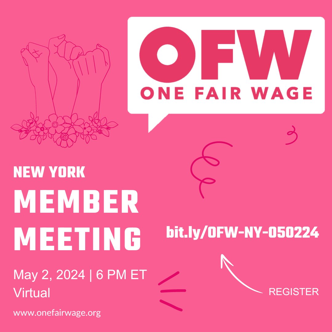Gather around, NYC! 🗽 Join us as we update our members on our progress and extend the invitation to you to join us in the fight for One Fair Wage for all. Don't miss out! Thursday, May 2, 6 – 7:30pm EDT via Google Meets: bit.ly/OFW-NY-050224.