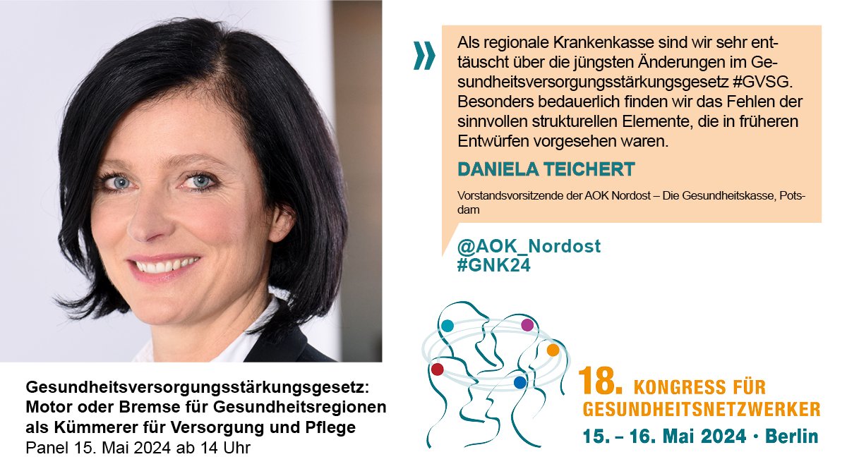 Wir diskutieren #Zukunftsfragen des #Gesundheitswesen beim #GNK24. 
Mit dabei u.a. mit Daniela Teichert @AOK-Nordost »Als regionale Krankenkasse sind wir sehr enttäuscht über die jüngsten Änderungen im#GVSG.« Sie diskutiert am 15. Mai mit beim Panel  t1p.de/vka4
