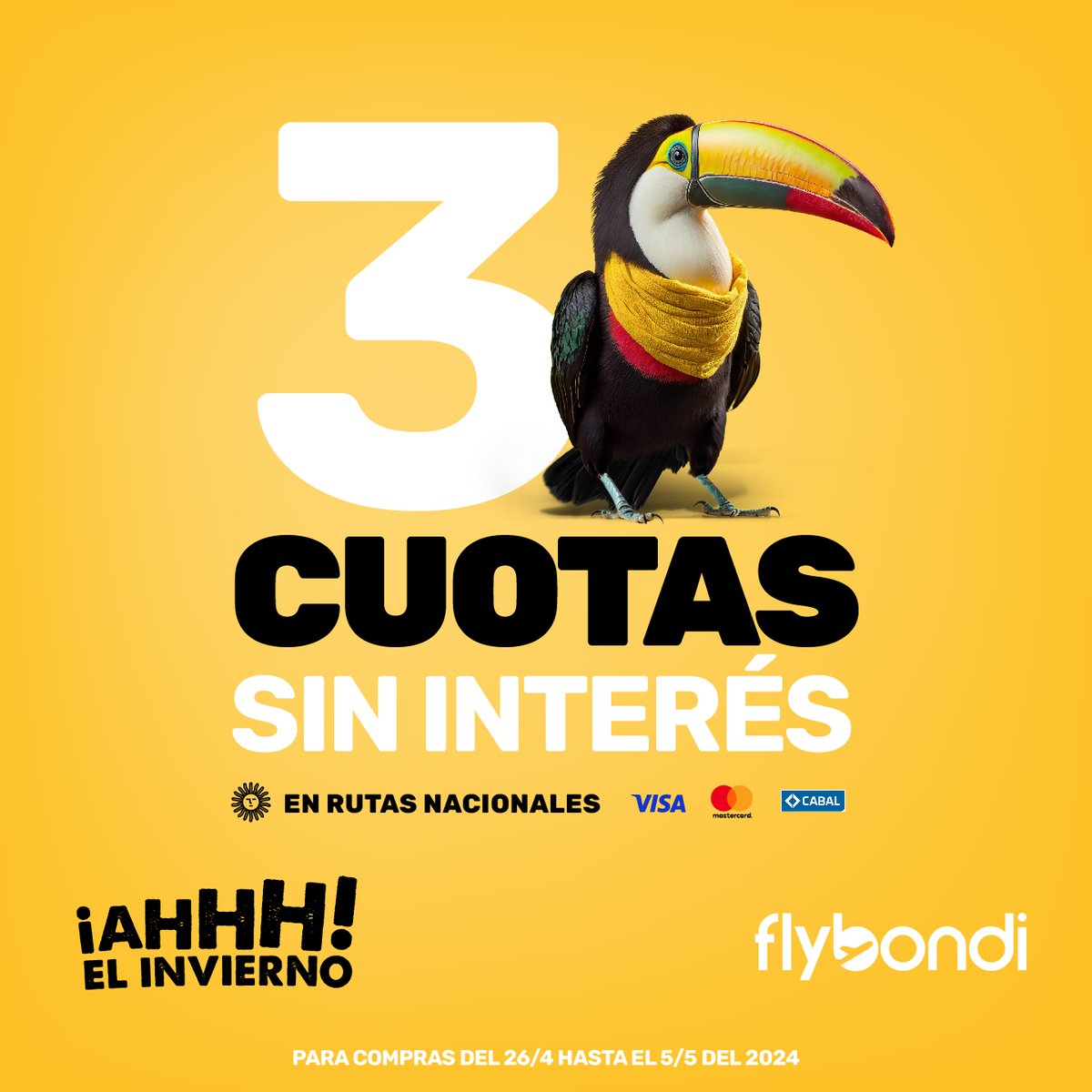 El viernes se empieza con un #FlyTip😉 ¡Volá en 3 cuotas sin interés a nuestros destinos nacionales! ✨ Hacé click acá 👉bit.ly/3kl0aFn y confirmá tus próximas vacaciones 💛 #Flybondi #LaLibertadDeVolar #Cuotas