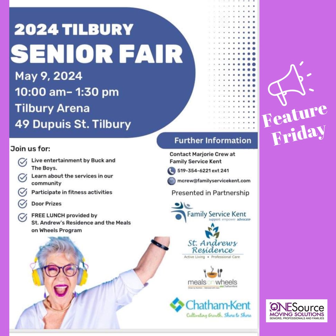 Our #FeatureFriday goes out to the TILBURY #SENIOR FAIR 🥳

✅Great Entertainment 
✅Door Prizes
✅FREE LUNCH provided by St. Andrew's Residence & the Meals on Wheels Program

🗓️May 9, 2024
🕰️10 AM- 1:30 PM
📍#Tilbury Arena

👉Stop by our booth to say hello 

#YQG #ckont