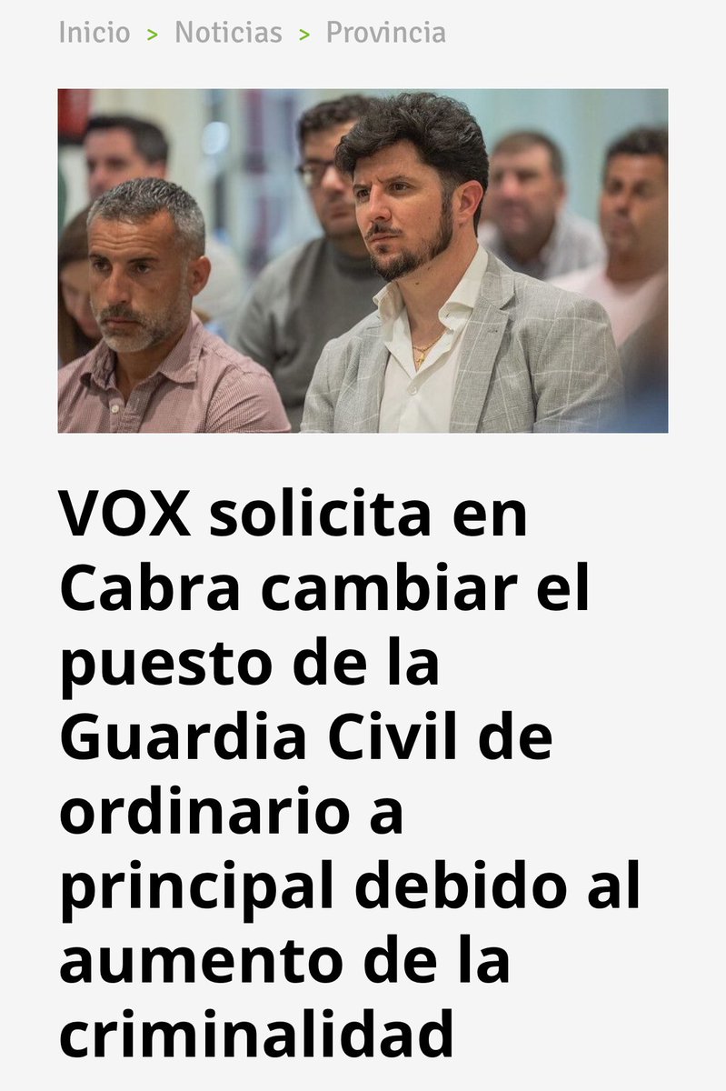 VOX solicita en Cabra cambiar de ordinario a principal el puesto de la Guardia Civil dado el aumento de la criminalidad 🗣️ @PedroJPalomeque: “Necesitamos más recursos para la Guardia Civil en Cabra”. 📲 @vox_es: voxespana.es/noticias/cabra…