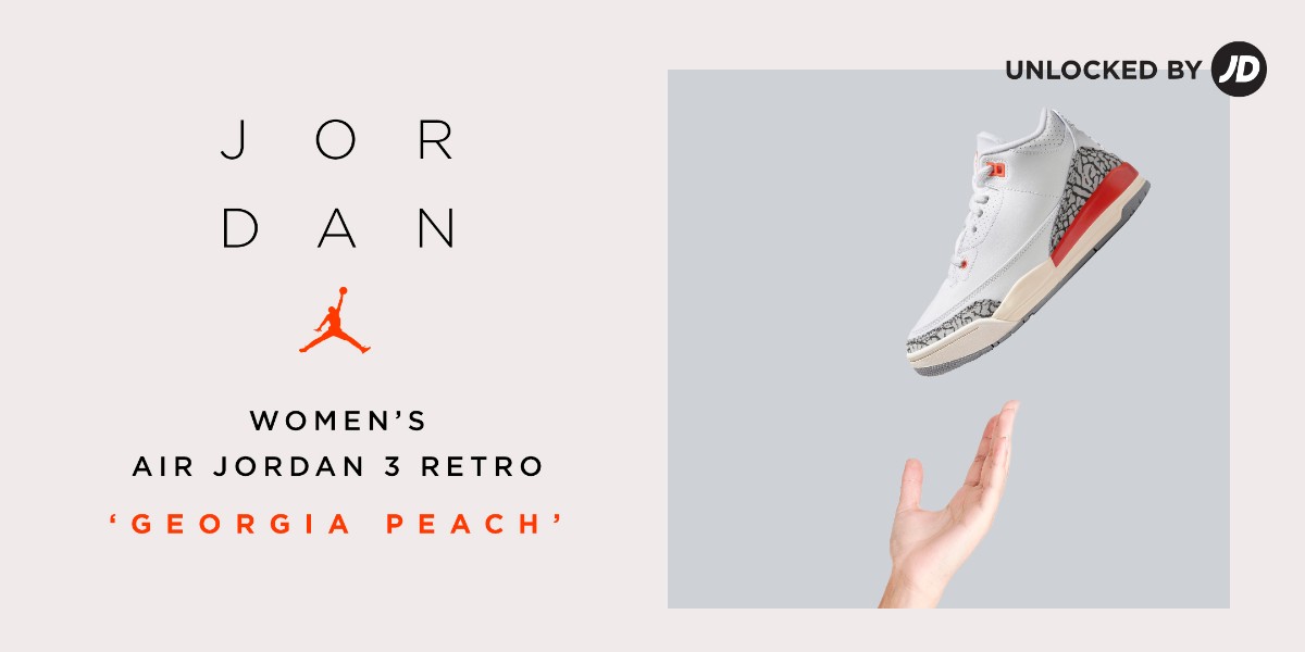 Something sweet for your summer rotation. 🍑 The W's #AirJordan 3 Retro in the 'Georgia Peach' colorway will be released tomorrow, April 27 at 10am ET. Ladies, this is a must-have!