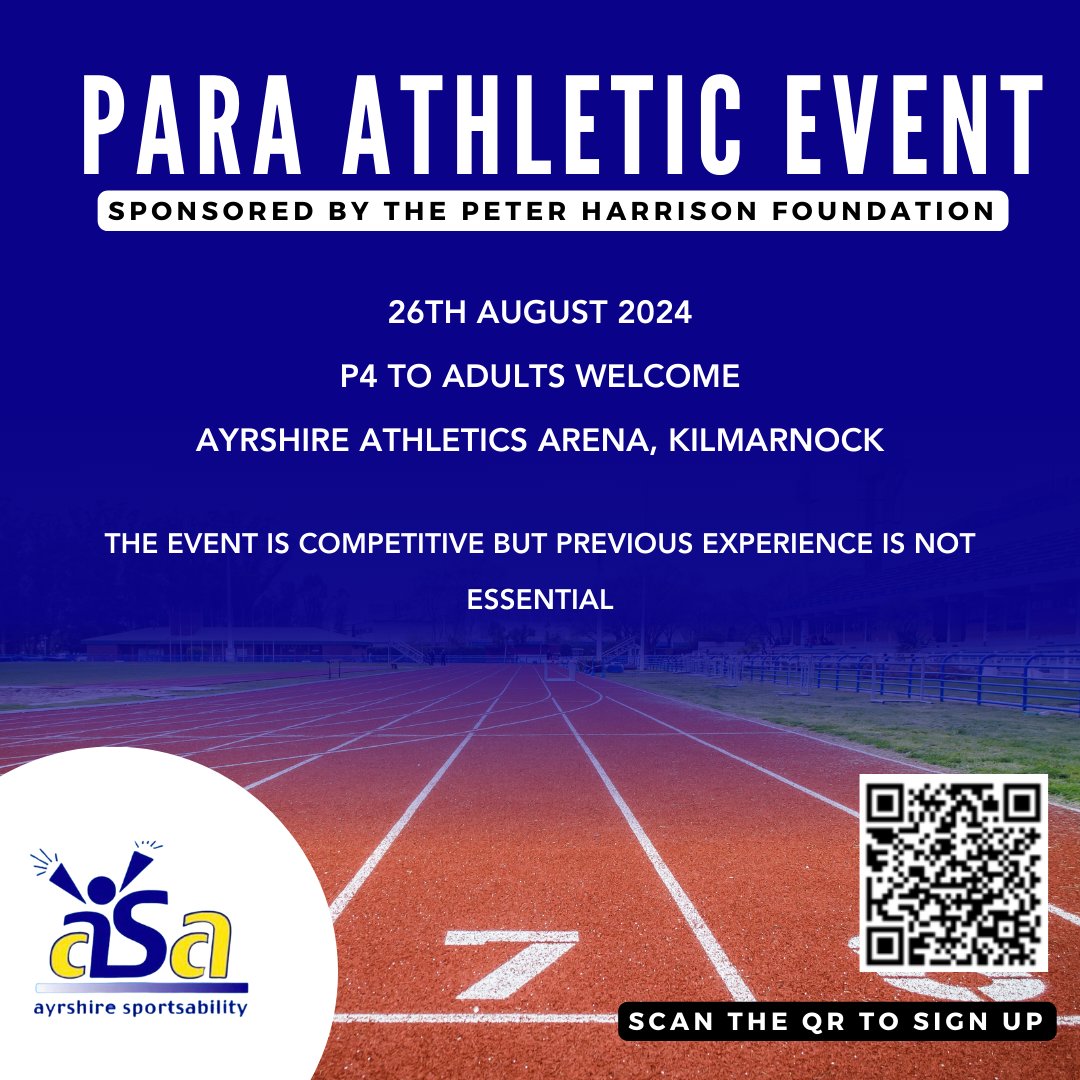 Ayrshire Sportibility Para Athletic Event! 📍August 26th 2024 📍Children (P4+) and adults are welcome 📍Ayrshire Athletics Arena, Kilmarnock More details and sign up here: ow.ly/WuAV50QUeHM