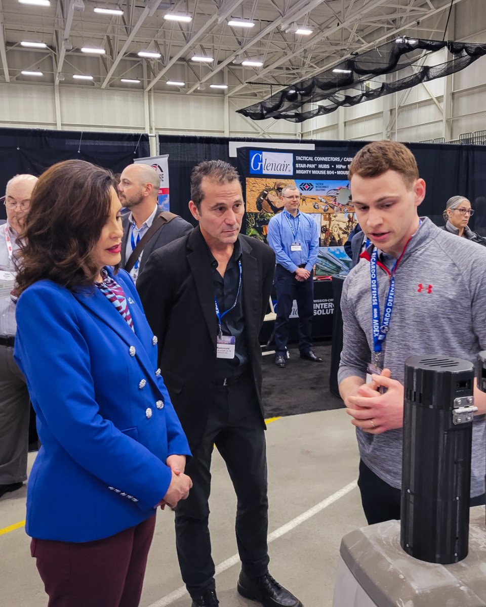 Gov. Whitmer and Dan Radomski, CEO of the @CentrepolisXLR8 at LTU, at the Centrepolis booth at the Michigan Defense Expo, held April 23-25 at Macomb Community College. Centrepolis announced a new grant for a Defense Hardtech Accelerator for defense products this week! #WeAreLTU