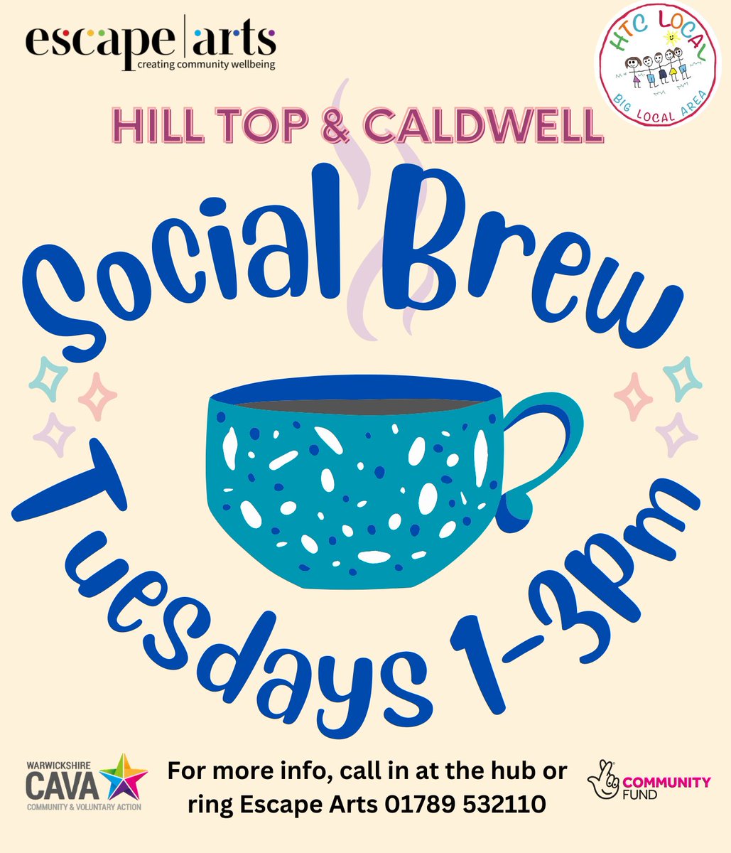 Escape Arts, in partnership with HTC Big Local, is delighted to throw open the doors of the community hub on Donnithorne Avenue on Tuesdays from 1 to 3pm & welcome residents of Hill Top & Caldwell to join us for a free cuppa & chat at the new Social Brew! @wcavaorg @HTCBigLocal