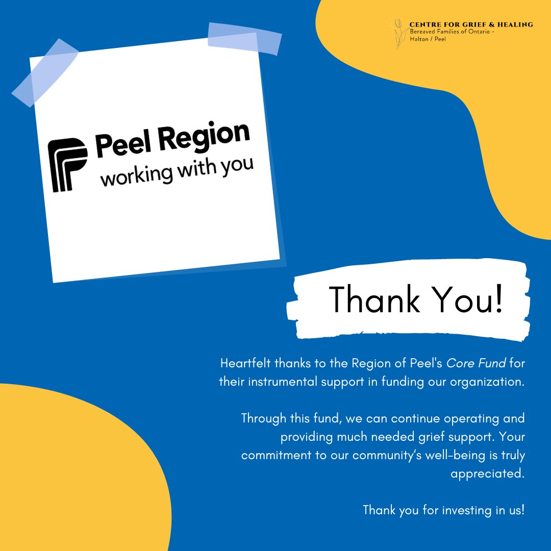 It's Funder Friday! ✨

We are extremely grateful for the recent investment Region of Peel has made in funding our organization. With their support, we can continue operating and providing free grief supports for those grieving in our communities. Thank you! @regionofpeel