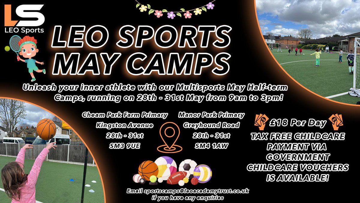 Don't miss out on our fun-filled sports camps running this May half-term! Multi-sports camps @cheamparkfarm and @ManorParkSchSM1⚽️🎮 Gym, Dance and Cheerleading camp @BrookfieldSM3 💃 Register below now! 👇 leosportscamps.clubsbuddy.net @LEOacademies #LEOsportscamps🦁