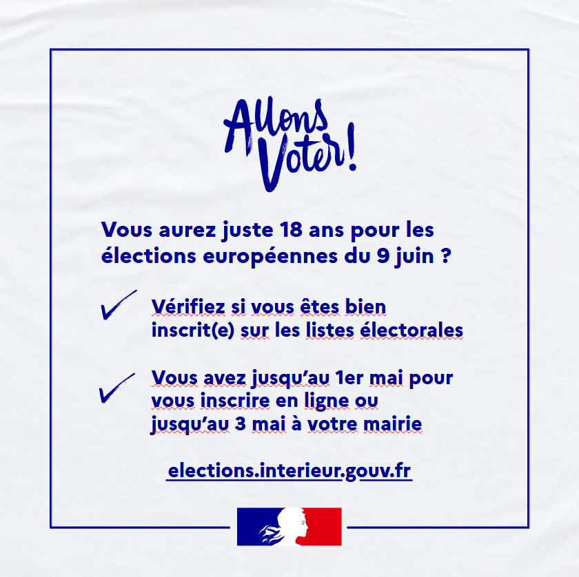 #Européennes2024 🇪🇺 | Vous aurez juste 18 ans pour l'élection du 9 juin et vous voterez pour la 1ère fois !
👍Si vous avez fait votre recensement citoyen auprès de votre mairie, l'inscription sur les listes électorales de votre mairie est automatique.

❗️Sinon ou si vous avez