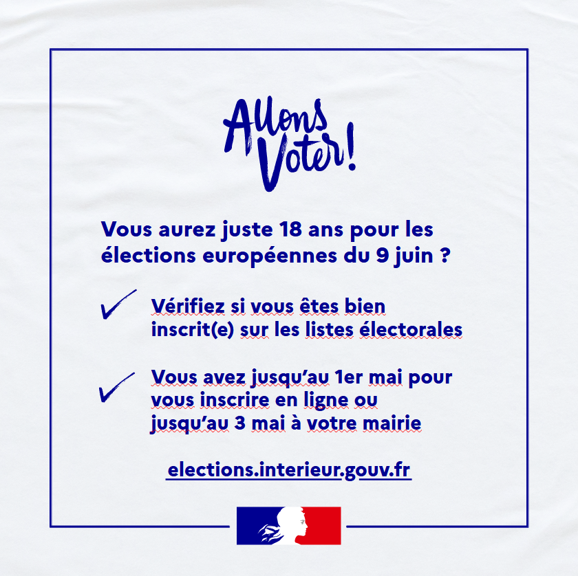 #Européennes2024 🇪🇺 | Vous aurez juste 18 ans pour l'élection du 9 juin et vous voterez pour la 1ère fois ! 👍Si vous avez fait votre recensement citoyen auprès de votre mairie, l'inscription sur les listes électorales de votre mairie est automatique. ❗️Sinon ou si vous avez…