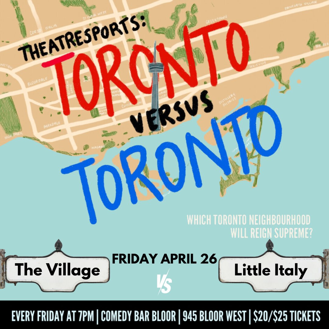 Join us TONIGHT at Comedy Bar for THEATRESPORTS: TORONTO VS. TORONTO! The city's most exhilarating improv comedy battle where neighbourhood pride is at stake and only one neighbourhood can reign supreme! Come cheer your 'hood to victory! 🎟️: comedybar.ca/shows/theatres…