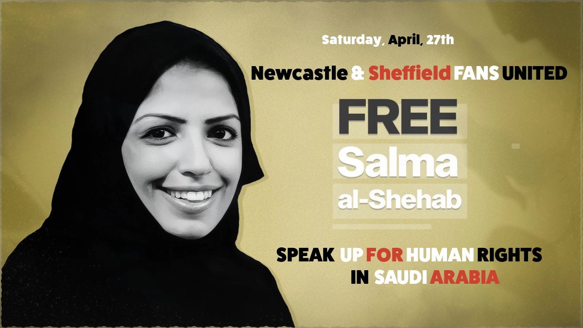 #Saudi women's rights activist Salma al-Shehab is serving a 2️⃣7️⃣-year prison sentence for her peaceful activity on @X.
Today at 15:27 BST during the 2️⃣7️⃣th minute of the #NEWSHU game, @NoSaudiToon & fans will hold up posters of Salma. Join the campaign & tweet to  #FreeSalma!