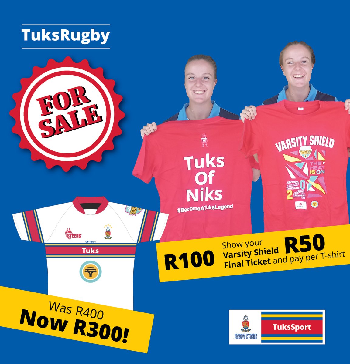 #WearYourStripeWithPride ❤️💙💛 ʙʀᴏᴜɢʜᴛ ᴛᴏ ʏᴏᴜ #TuksRugby During the 2024 FNB #VarsityShield final at Tuks Stadium, you can purchase either the playing jerseys or supporter's t-shirts.