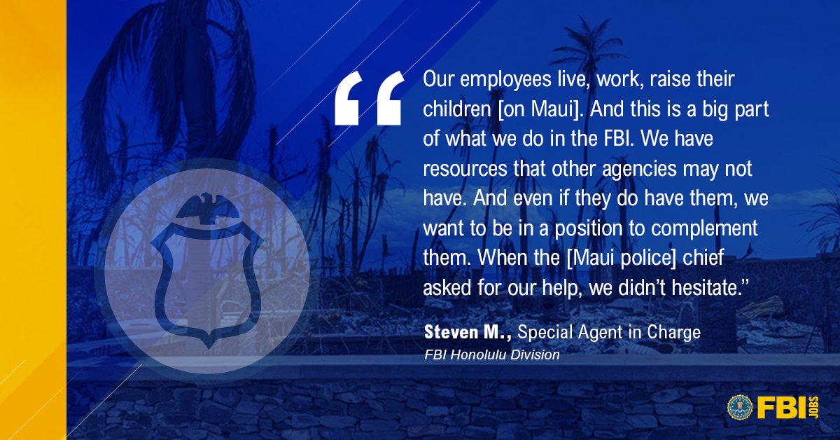 During the Lahaina fire’s aftermath, #FBI #SpecialAgents, #IntelligenceAnalysts, and #ProfessionalStaff joined forces to aid recovery efforts. Be part of creating a safer, more just future for all. Learn more today. #FBIJobs #Hiring  

ow.ly/85y350Rl8Tv