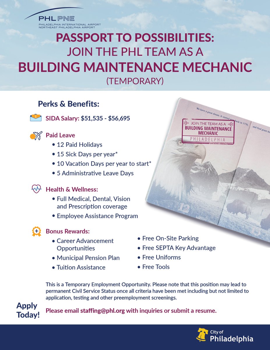 Searching for a career change? New job opportunity? The City of Philadelphia's Department of Aviation is hiring for various positions, such as a Building Maintenance Mechanic! For more information or to apply to the Building Maintenance Mechanic position, email staffing@phl.org.