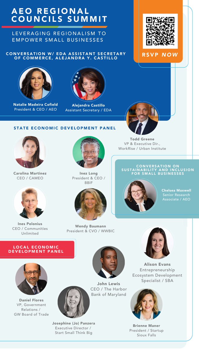 Speakers announced for the @AEOworks #RegionalCouncilsSummit on 5/2! Join Asst Sec of Commerce for @US_EDA, Alejandra Y. Castillo & others as we shape the future landscape of regional #economicdevelopment & #smallbusiness empowerment. RSVP NOW! -- > bit.ly/aeorcsummit