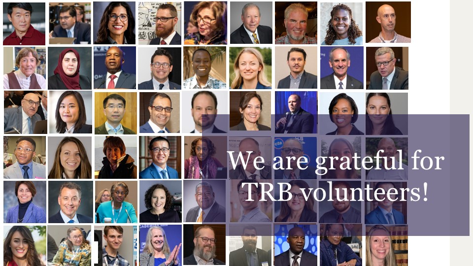 TRB ♥️ volunteers! There are so many ways to get involved. Help plan events like #TRBAM, review papers, submit research ideas, guide CRP projects, and present at a #TRBwebinar. Thank you, #TRBvolunteers! #VolunteerAppreciationWeek ow.ly/7MO450RmuqS