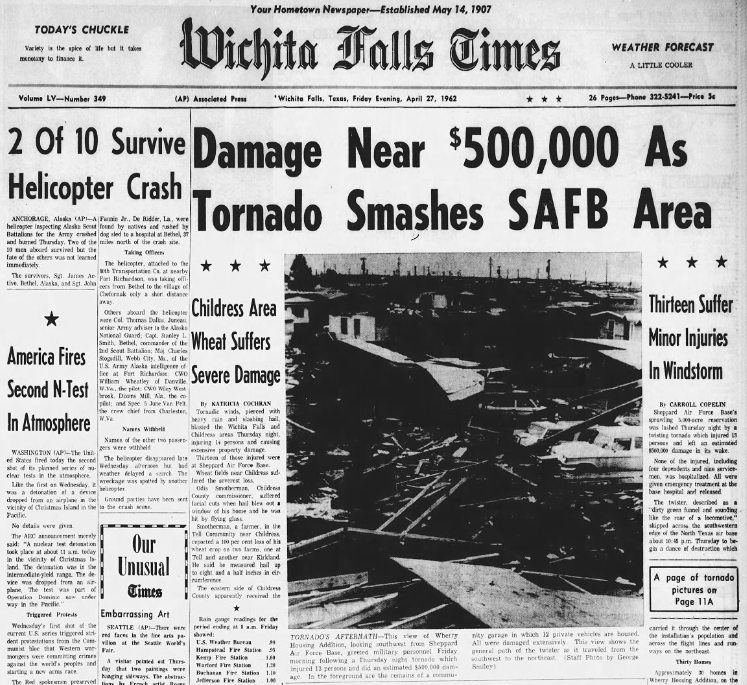 1962: A tornado ravaged Sheppard Air Force Base, TX, just before midnight. The control tower's windows shattered, but it was emptied in time. Buildings and a hangar lay in ruins. Though 13 were injured, fortunately, there were no fatalities.