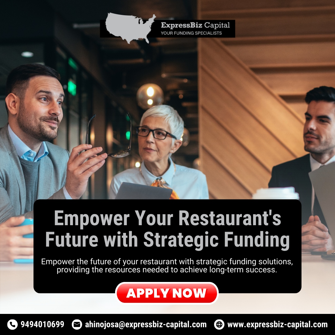 With our strategic funding partners, your restaurant can thrive and adapt in an ever-evolving market. 

🌐expressbiz-capital.com 
📧ahinojosa@expressbiz-capital.com
📞 9494010699 

#SmallBusinessSupport #Startup #BusinessFinance