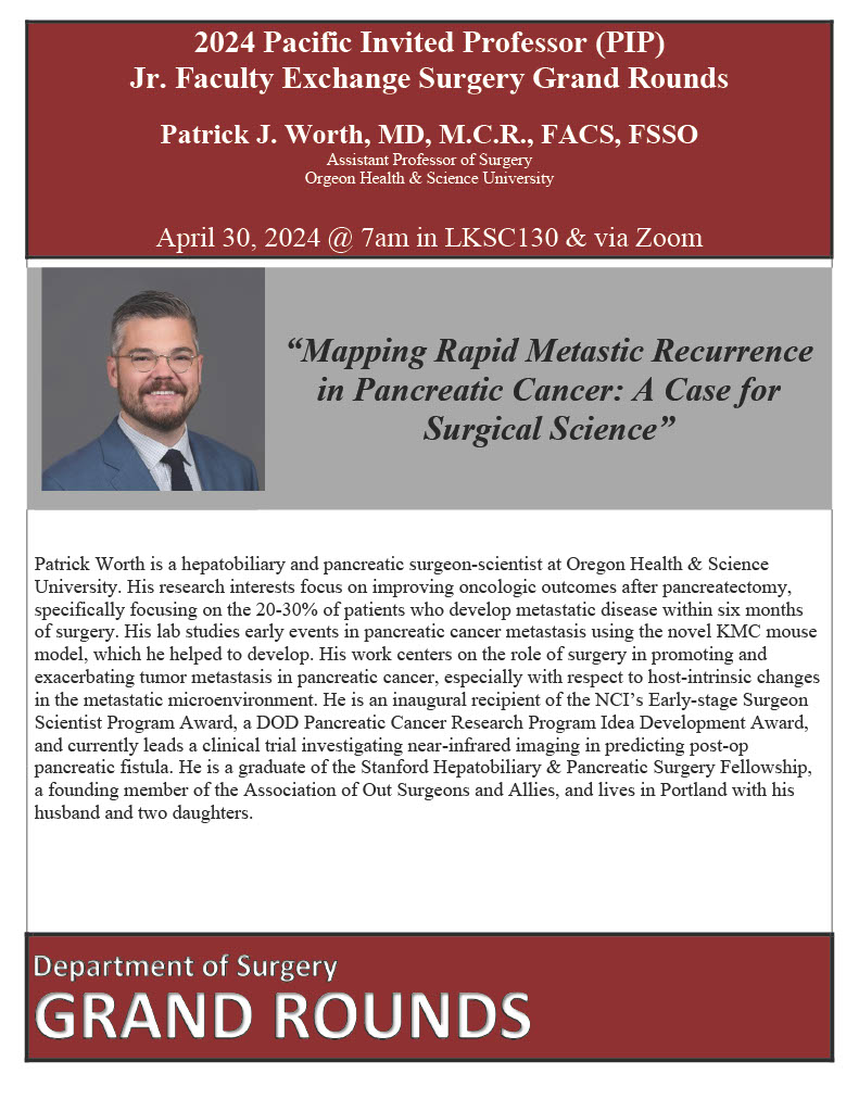 .@PatrickJWorth returns to Stanford as part of this year's Pacific Invited Professor Jr. Faculty Exchange! Join us Tuesday (4/30) at 7AM to hear about what he's been up to since graduating from our HPB fellowship 🤩 #grandrounds @OHSUSurgery