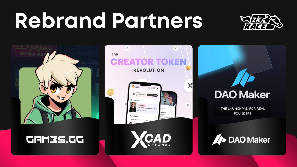 zkRace Rebrand Partners 5000 $ZERC #GIVEAWAY Projects reaffirming their long-standing partnership with #zkRace: @daomaker @XcademyOfficial @GAM3Sgg_ 10 lucky partner community members who like & retweet get to share 5000 $ZERC!