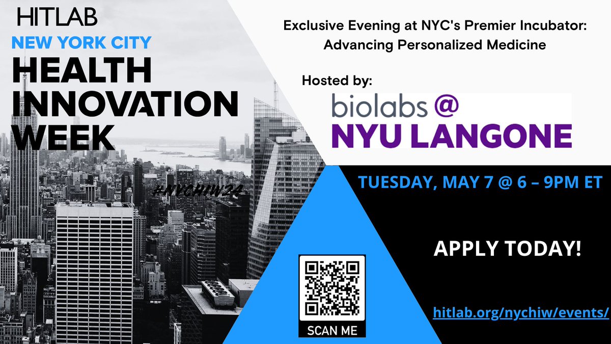 We have partnered with @HITLABnyc to host an exclusive event during #NYC Health Innovation week which takes place on May 7th and is an opportunity for health leaders to connect with like-minded individuals. Limited spots are available so apply now: rb.gy/5irq6i