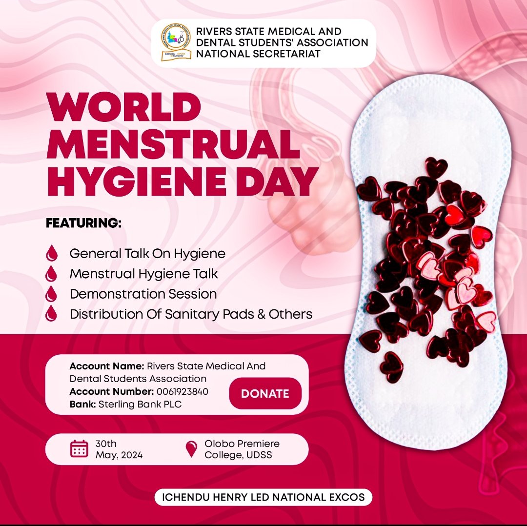 RIVERS STATE MEDICAL AND DENTAL STUDENTS' ASSOCIATION(RIMDSA)

Presents
RIMDSA WORLD MENSTRUAL HYGIENE DAY  OUTREACH  2024*❗️💃💃

Join us in breaking the stigma and promoting menstrual hygiene! Together, we can empower women and girls with knowledge and  access #MenstrualHygiene