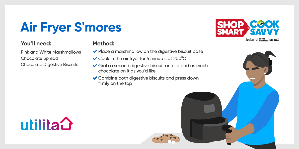 WHOSE GOT A SWEET TOOTH? If you do… This gooey #AirFryer S'mores recipe from @IcelandFoods is for you! Turn your kitchen into a chocolate factory & learn more about how to #ShopSmartCookSavvy ➡️ utilita.co.uk/iceland
