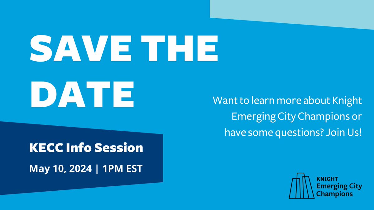 SAVE THE DATE! Want to learn more about Knight Emerging City Champions or have some burning questions about the application process? Join us at the upcoming KECC info session on May 10th from 1pm to 2pm EST. Register in advance here: us02web.zoom.us/webinar/regist… @knightfdn