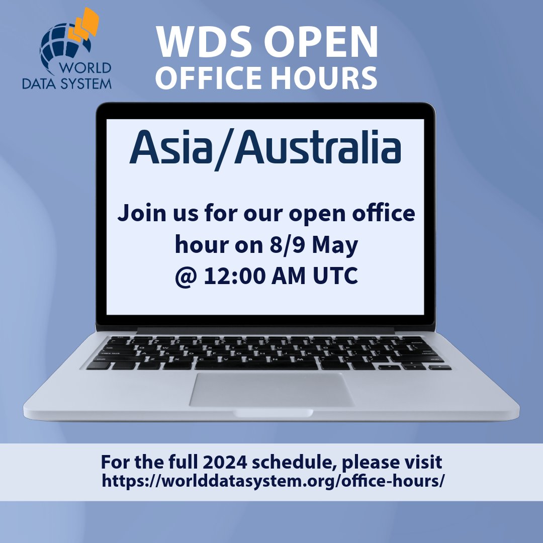 Upcoming WDS Open Office Hour: Interested in proposing a webinar topic? Log on! We want to connect with you, and we are excited about our upcoming office hours for your region. For the complete schedule and meeting links, visit worlddatasystem.org/office-hours/.