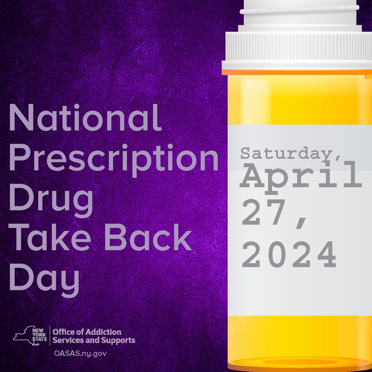 Don't forget that National Prescription Drug Take Back Day is TOMORROW, April 27, from 10 a.m. to 2 p.m. Watch @DrChinazoOASAS's video message and get all the details on our website. ➡ oasas.ny.gov/event/national…