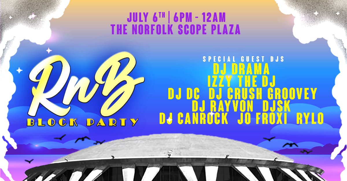 JUST ANNOUNCED! It’s that time of year again. The RnB Block Party returns to Scope Plaza on July 6 headlined by the legendary @DJDrama. Early bird pricing starts TODAY AT NOON through Sunday at 11:59pm ➡️ bit.ly/3waJLt0 Standard tickets goes on sale Monday at 10am.