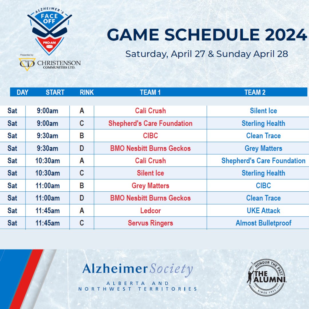 Hey AFO family! The game is on. Here's the game schedule for the #alzfaceoff2024. Looking forward to seeing you there. Visit the link to see the complete schedule-ow.ly/xkIH50RovYB @NHLAlumni #HelpforDementia