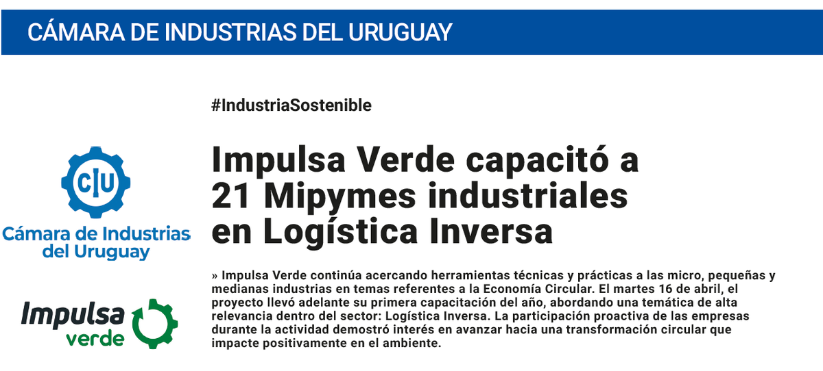 #HOY en @CronicasUy ➡️ 'Impulsa Verde capacitó a 21 Mipymes industriales en Logística Inversa'

Encontrá la nota completa en nuestra web 👉impulsaverde.com.uy/2024/04/26/cro…

@camindus
@ahkuruguay
@ALINVESTVerde