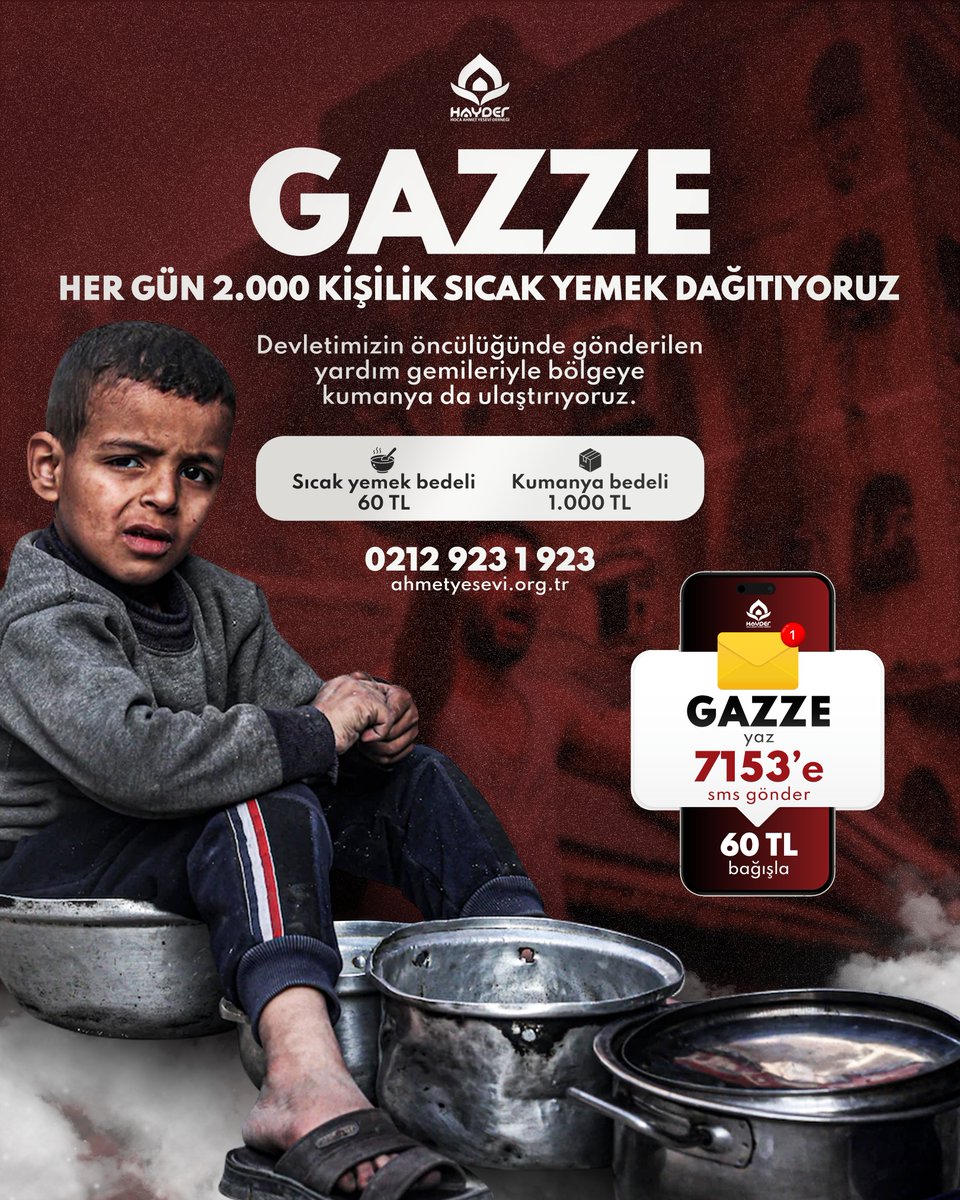 HAYDER olarak, Gazze'deki yerel partnerimizin iş birliğiyle Müslüman kardeşlerimize her gün 2.000 kişilik sıcak yemek dağıtıyoruz! 🇹🇷🇵🇸 📲 GAZZE yazıp 7153'e SMS göndererek 60 TL bağışlayabilirsiniz. ☎️ 0212 923 1 923 🔗 bit.ly/gazze-acil-yar…