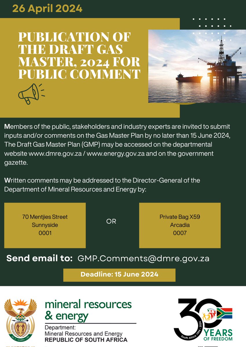 Members of the public, stakeholders, and industry experts are invited to submit inputs and comments on the draft Gas Master Plan no later than 15 June 2024. The Gas Master Plan is accessible on this link: bit.ly/4aRa3jc.