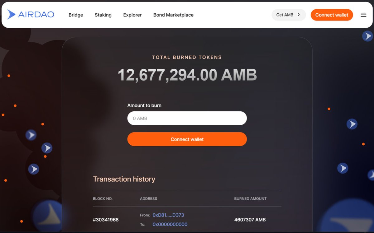 The burning bond sold out in minutes! 🚀 Today we burnt 4,607,307 $AMB! The total amount of burnt tokens has reached 12,677,294 🔥 Check it 👇 burn.airdao.io #AirDAO