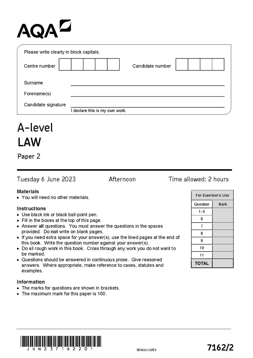 AQA A LEVEL LAW PAPER 2 MAY 2023 QUESTION PAPER (7162/2)
hackedexams.com/item/6559/aqa-…
#AQA #AQA2023  #AQAALEVEL #LAWPAPER2 #QUESTIONPAPER #71622 #hackedexams