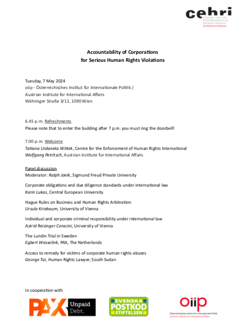 CEHRI welcomes  you to a panel discussion on the #Accountability of Corporations for Serious #Human #Rights Violations, May 7, 2024 <a href="/InfoOiip/">oiip</a> Vienna; with
<a href="/RalphJanik/">Ralph Janík</a>, Karin Lukas <a href="/ceu/">Central European University</a>, Ursula Kriebaum, <a href="/astrid_coracini/">Astrid R Coracini @astridcoracini.bsky.social</a> , Goerge Tai, Egbert Wesselink.