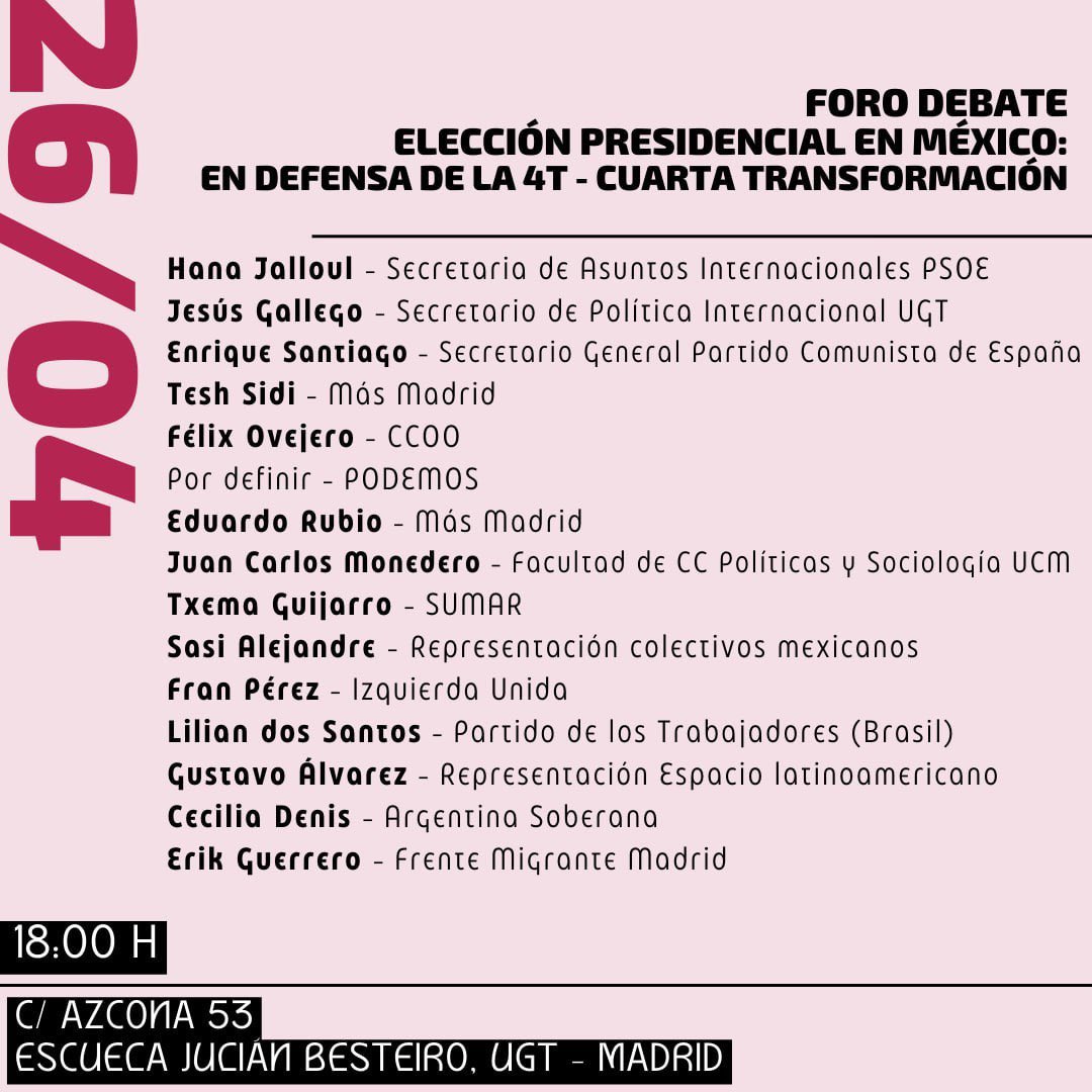 🇲🇽Gracias @UGT_Comunica por organizar este encuentro para reflexionar juntas y apoyar desde España a @Claudiashein ✊🏽 México necesita seguir avanzando en derechos y avances sociales. ¡Nos vemos esta tarde!