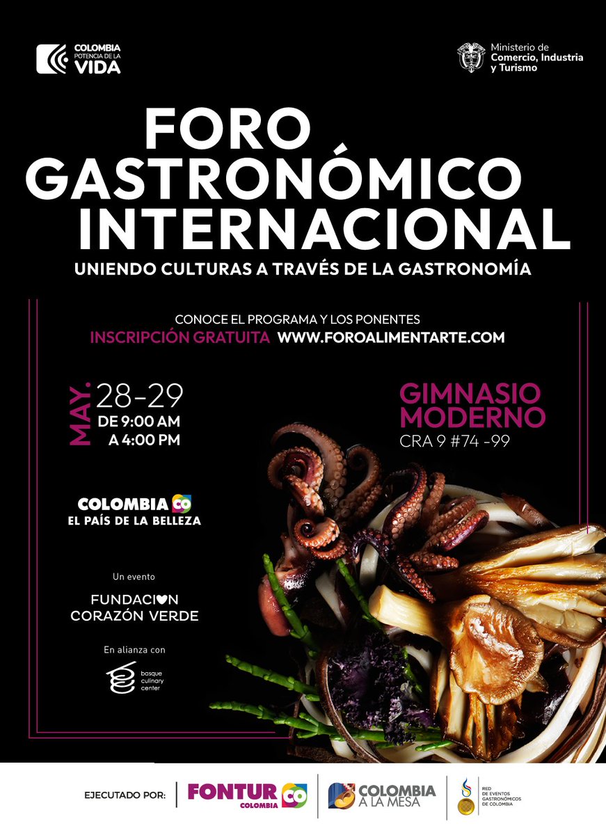 🇨🇴 ¡Vuelve el Foro Gastronómico Internacional de #Alimentarte! 🔥Un evento referente iberoamericano que contará con más de 30 invitad@s internacionales. 📅28-29 MAYO 📍Bogotá / ONLINE Inscripción Gratuita en foroalimentarte.com #ForoGastronomicoInternacional #colombiaalamesa