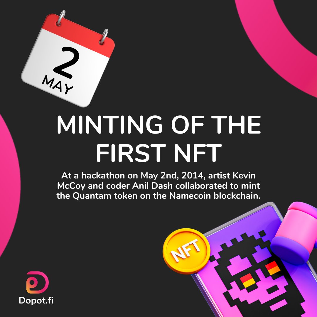Dopot_fi's tweet image. Today we're celebrating the minting of the first NFT minting...

During a hackathon on May 2nd, 2014, artist Kevin McCoy and coder Anil Dash collaborated to mint the Quantam token on the Namecoin blockchain

#nft #mintingday #hackaton #crypto