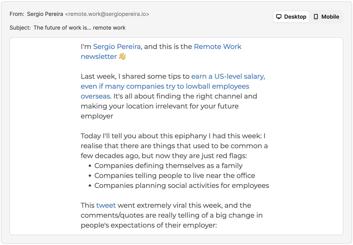 Today's edition of my Remote Work Newsletter is out.

Today I'm telling the 8300+ subscribers my epiphany about the future of work, based on this week's viral tweet.

Check it out at the top of your inbox ✉️
