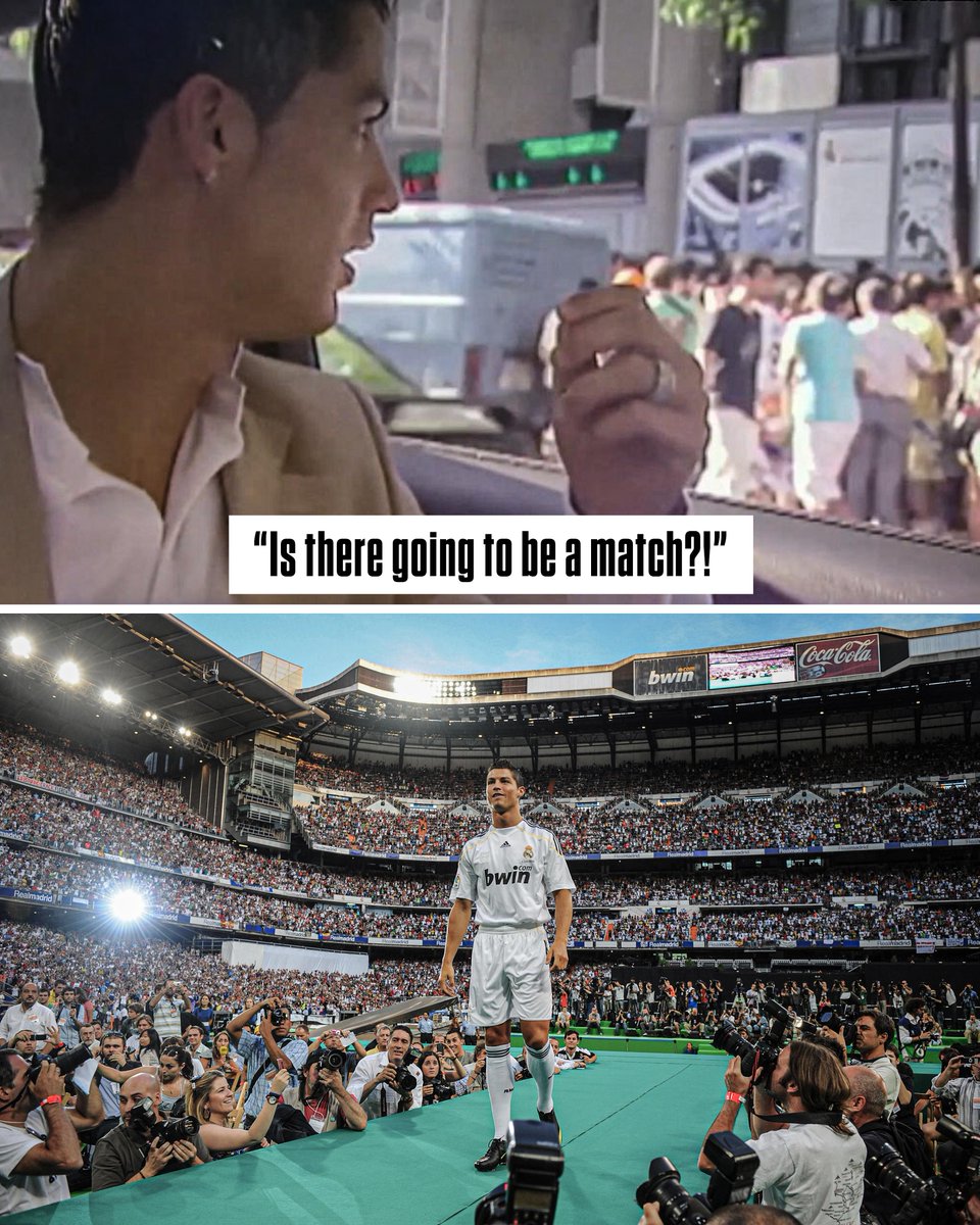 When Cristiano Ronaldo was unveiled as a Real Madrid player in front of 80,000 fans at the Bernabeu and even he couldn't believe how many people turned up 😳 Unbelievable support! 👑