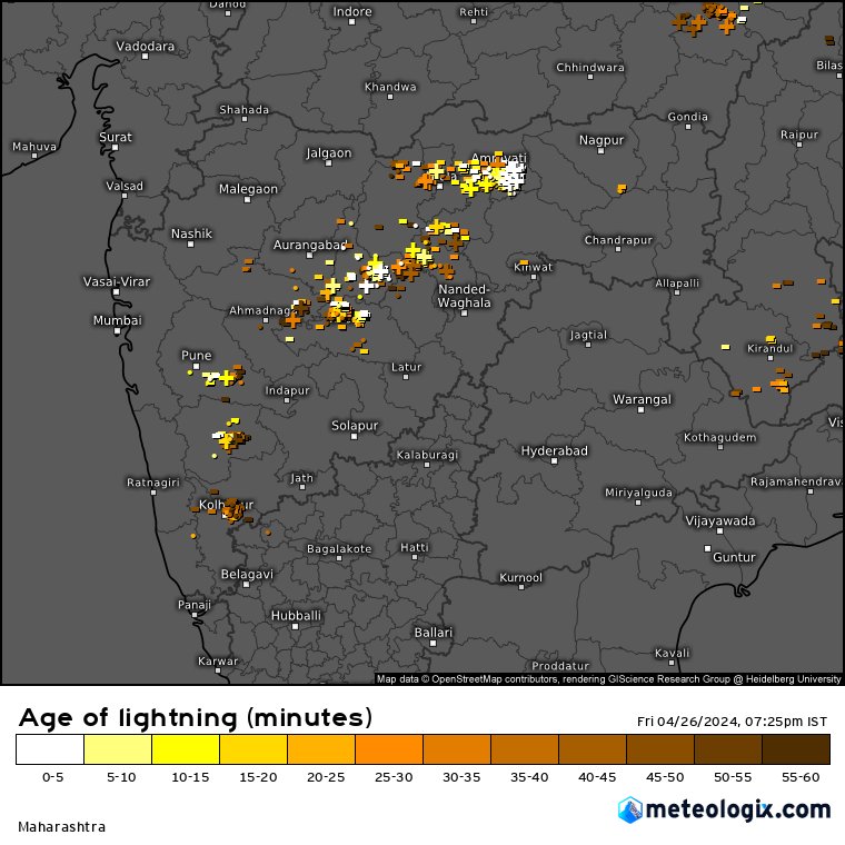 Current lightning ⚡ intensity obs at 7:35 pm 

Most parts covered in Marathwada regions.and some Central MH shown in given image 

#imd #WeatherUpdate #maharashtraweather #mumbairains