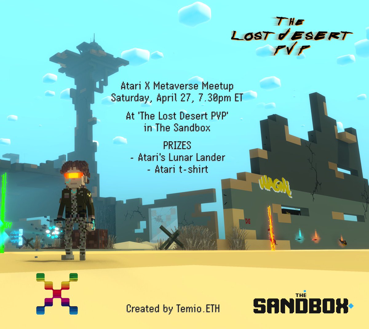 This weekend’s Metaverse Meetup takes place in @TheSandboxGame at new experience “The Lost Desert PVP” created by Atari X community favorite @temioETH Come join us to be in with a chance of winning Atari’s new game, Lunar Lander Beyond, and more…