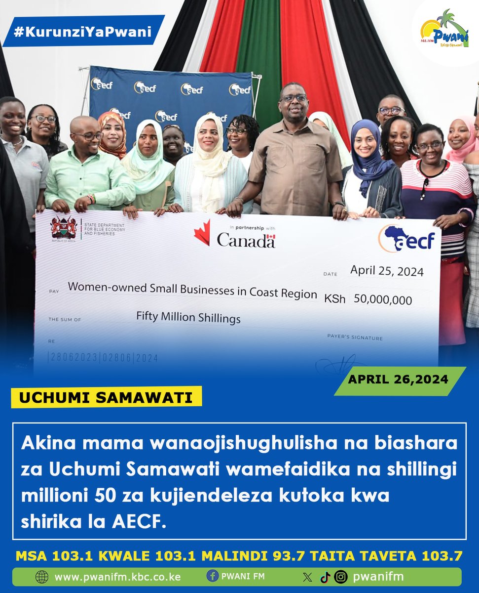 Akina mama wanaojishughulisha na biashara za Uchumi Samawati wamefaidika na shillingi millioni 50 za kujiendeleza kutoka kwa shirika la AECF, huku serikali ikiahidi kuwawezesha akina mama eneo la Pwani kwenye biashara zinazohusiana na uchumi Samawati.
#KurunziYaPwani^RZ