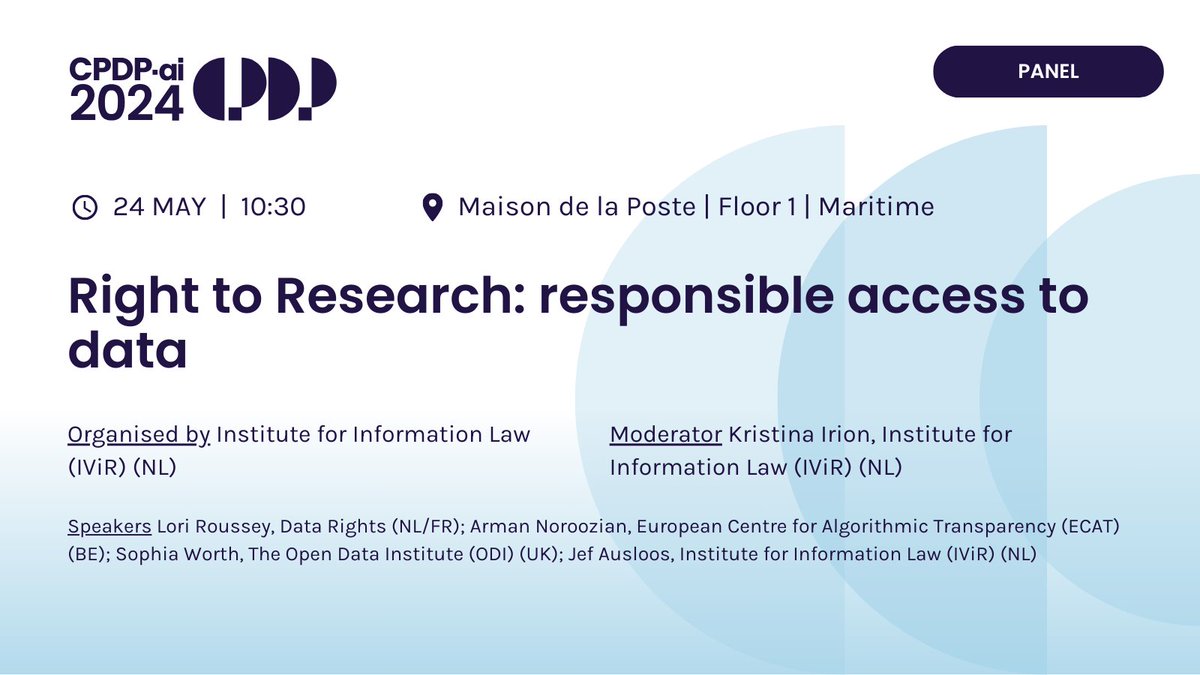 What role is there for (EU) legislation in ensuring data access for scientific research? Organised by @ivir_uva with @k_irion, Lori Roussey, @anoroozian @EU_Commission, @SophiaWorth7 @ODIHQ, @Jausl00s #CPDPai2024 #CPDPconferences #CPDP2024