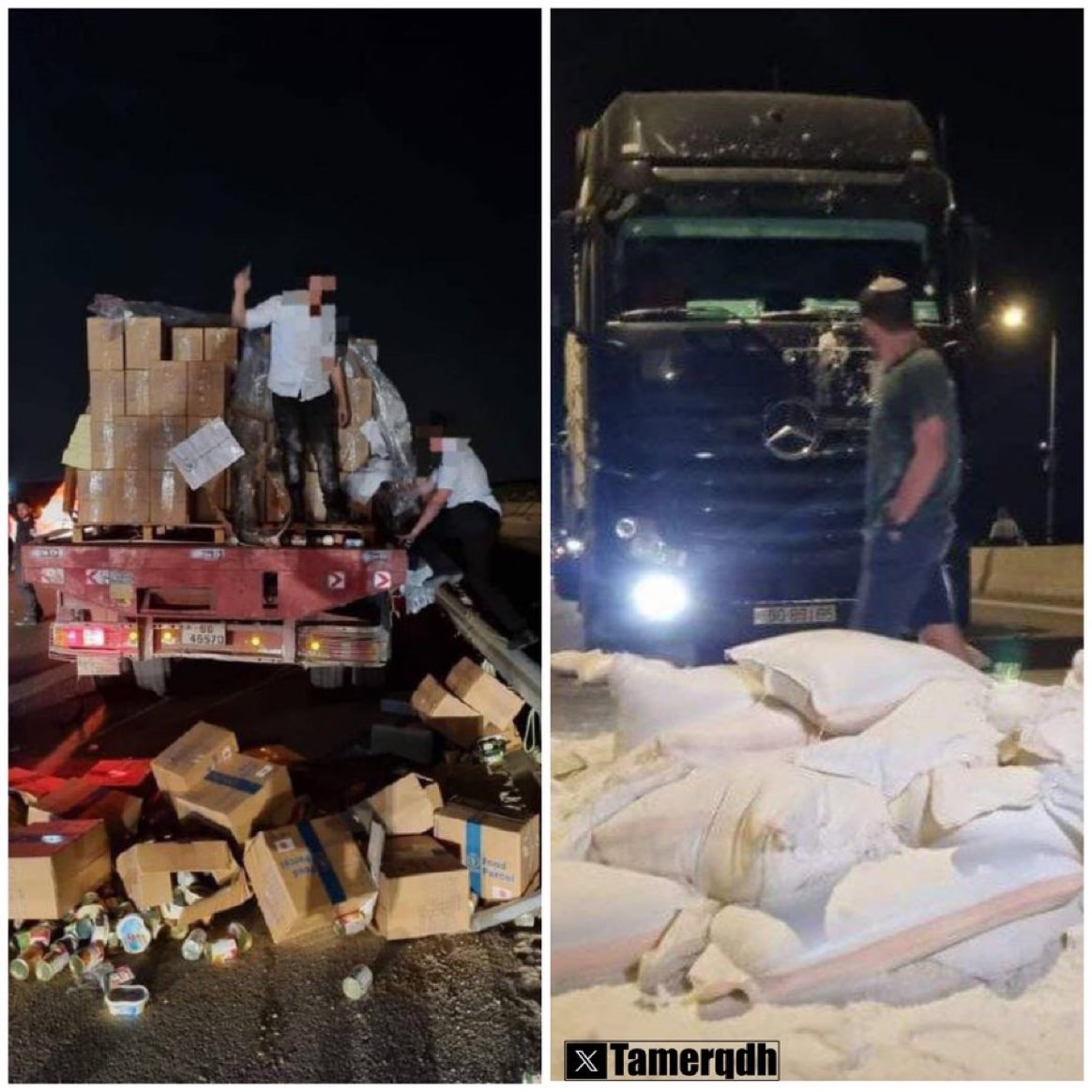 Israeli settlers blocked the road for aid convoys from Jordan destined for Gaza, assaulting their drivers and callously throwing desperately needed food and aid onto the roads. #ColumbiaUniversity #IsraeliNewNazism #Palestine
